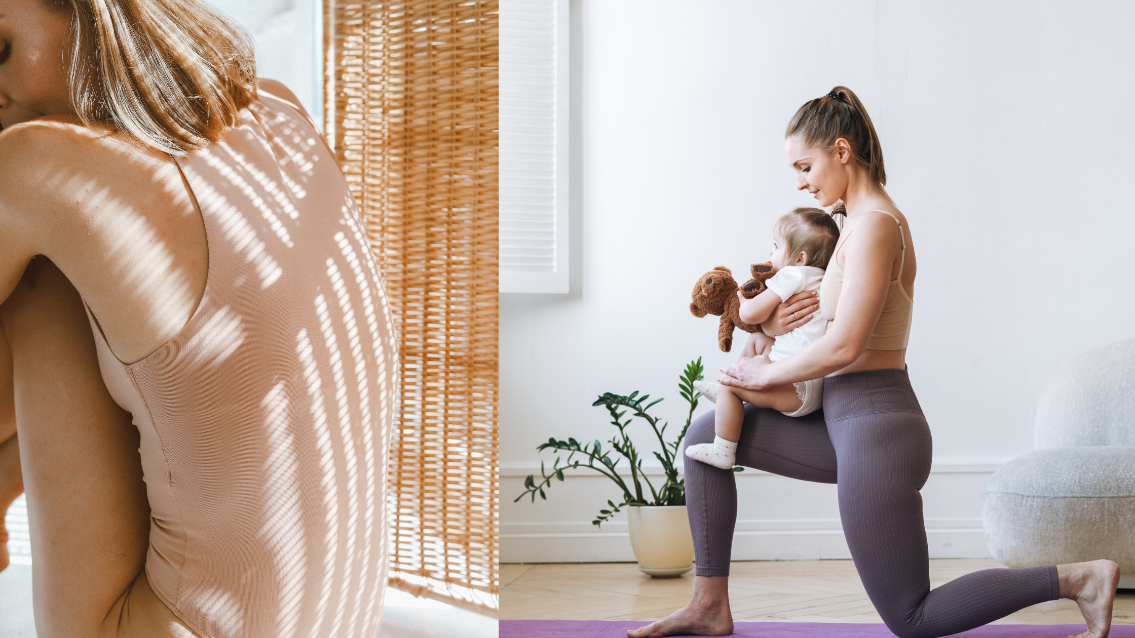 On the left side, a lady wears a shapewear. On the right side a mom holding a little girl doing yoga 